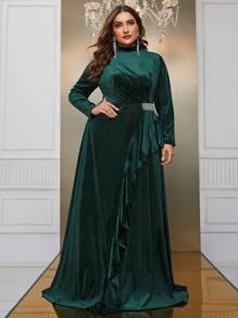 YISIKADO 大碼小高領荷葉邊絲絨洋裝 - 墨綠色 - 查看 1