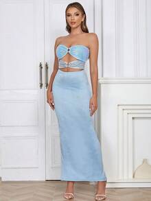 Cut Out O-ring Detail Tube Bodycon Dress - Blue - View 6