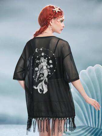 Fairycore Figure Print Fringe Hem Mesh Top