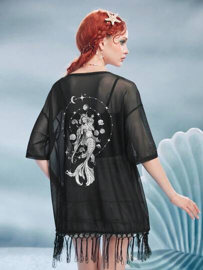 Fairycore Figurmuster Fransen Saum Mesh Top