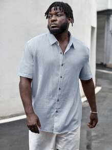 EASEVO Men Plus Solid Button Up Blue Shirt - Baby Blue - View 5