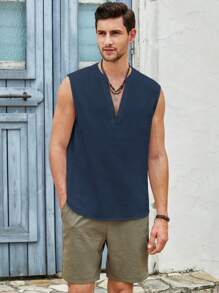 Manfinity VCAY Men Solid Notched Neck Shirt - Navy Blue - View 1