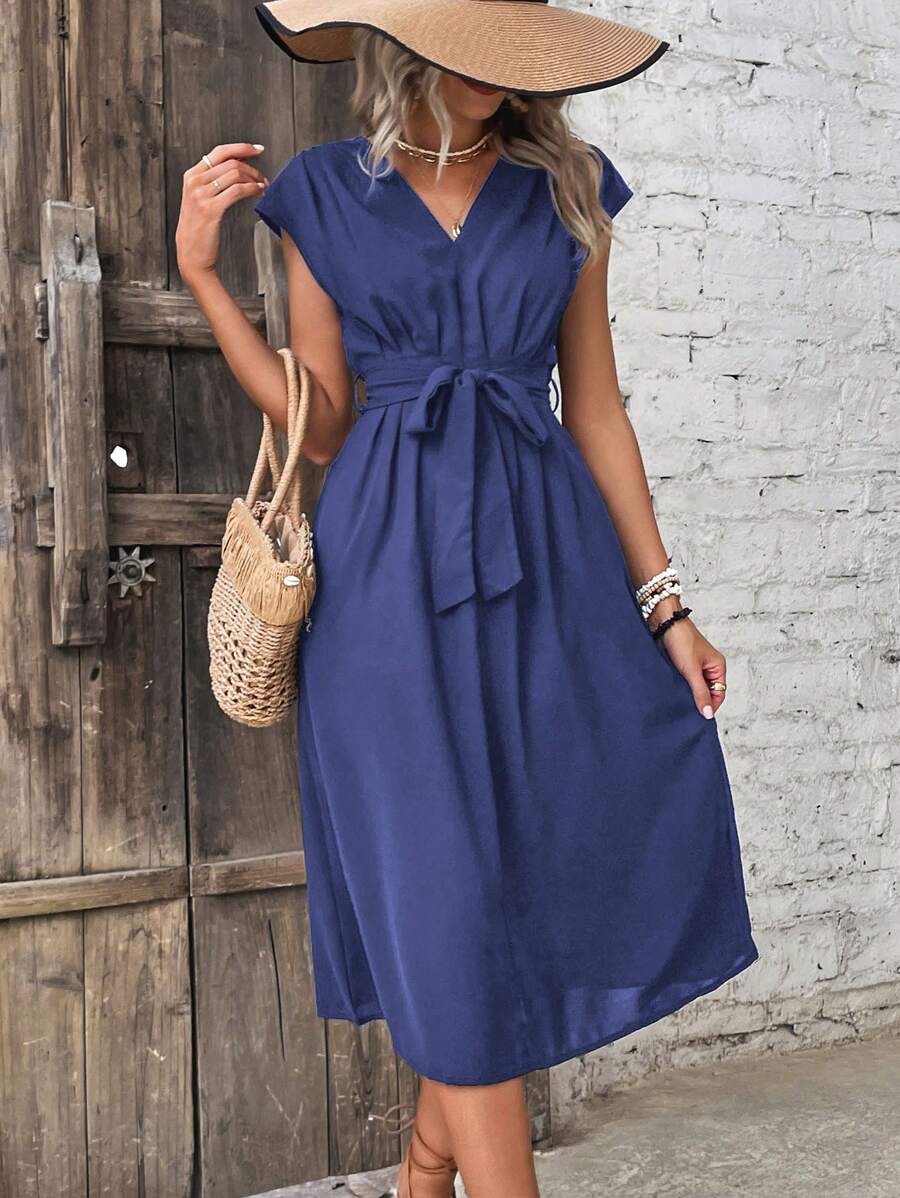 SHEIN LUNE Solid Belted A-line Dress - Dusty Blue - View 1