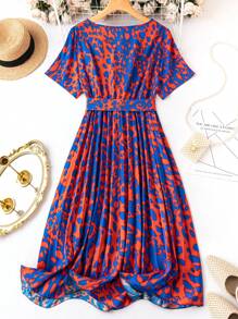 SHEIN Holidaya Plus Allover Print Belted Dress - Multicolor - View 2