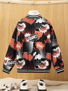 SHEIN Garoto pré-adolescente Gráfico de Letra & Cartoon Guarnição Listrada Jaqueta Bomber
