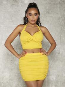 SHEIN SXY Chất rắn Áo hai dây & Xù Váy bodycon - Màu vàng - Xem 3