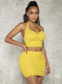 SHEIN SXY Chất rắn Áo hai dây & Xù Váy bodycon - Màu vàng - Xem 4