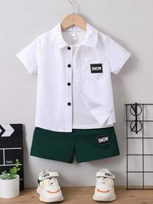 SHEIN Young Boy Letter Patched Detail Shirt & Shorts Without Tee - Multicolor - View 1