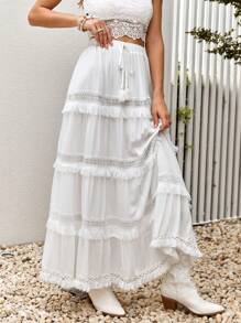 Bohemela 蕾絲拼接流蘇前繫帶流蘇邊荷葉邊半身裙 - 白色 - 查看 3