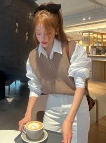 DAZY Solid V Neck Sweater Vest Without Blouse - Khaki - View 8