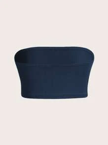 SHEIN BASICS Top corto tubo sólido sin tirantes - Azul Marino - Ver 2