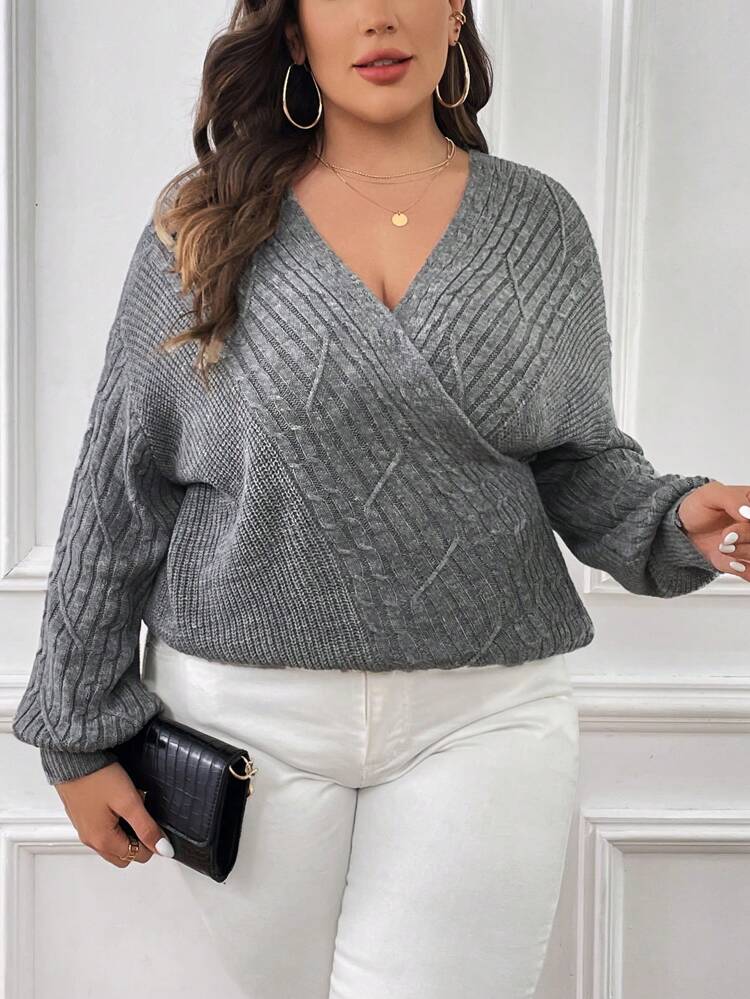 Plus Surplice Neck Batwing Sleeve Sweater