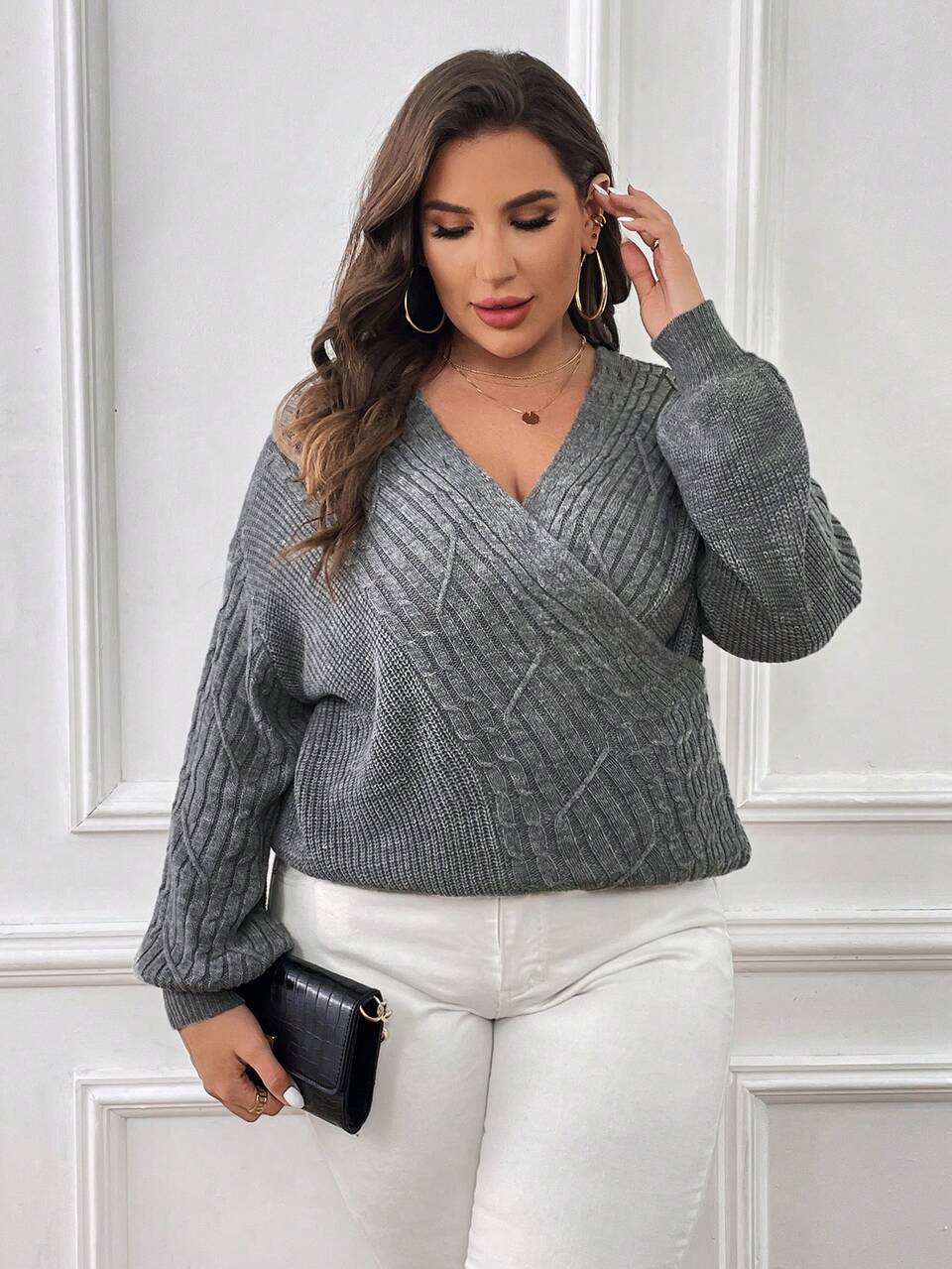 Plus Surplice Neck Batwing Sleeve Sweater