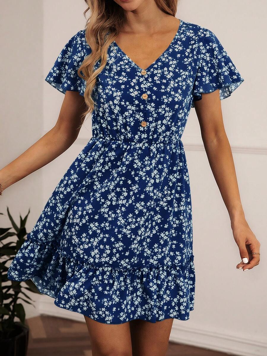 SHEIN LUNE Ditsy Floral Print Butterfly Sleeve Ruffle Hem Dress - Navy Blue - View 1