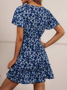 SHEIN LUNE Ditsy Floral Print Butterfly Sleeve Ruffle Hem Dress - Navy Blue - View 2
