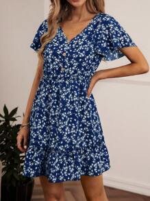 SHEIN LUNE Ditsy Floral Print Butterfly Sleeve Ruffle Hem Dress - Navy Blue - View 3