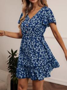 SHEIN LUNE Ditsy Floral Print Butterfly Sleeve Ruffle Hem Dress - Navy Blue - View 4
