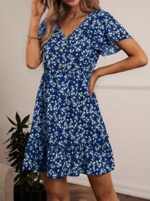 SHEIN LUNE Ditsy Floral Print Butterfly Sleeve Ruffle Hem Dress - Navy Blue - View 5