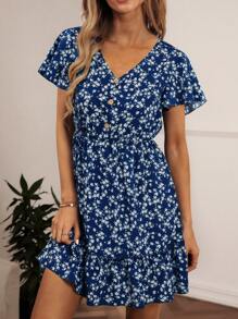 SHEIN LUNE Ditsy Floral Print Butterfly Sleeve Ruffle Hem Dress - Navy Blue - View 6