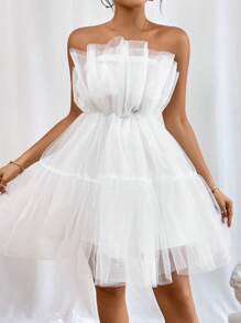 SHEIN Privé 荷葉邊網紗抹胸洋裝 - 白色 - 查看 1