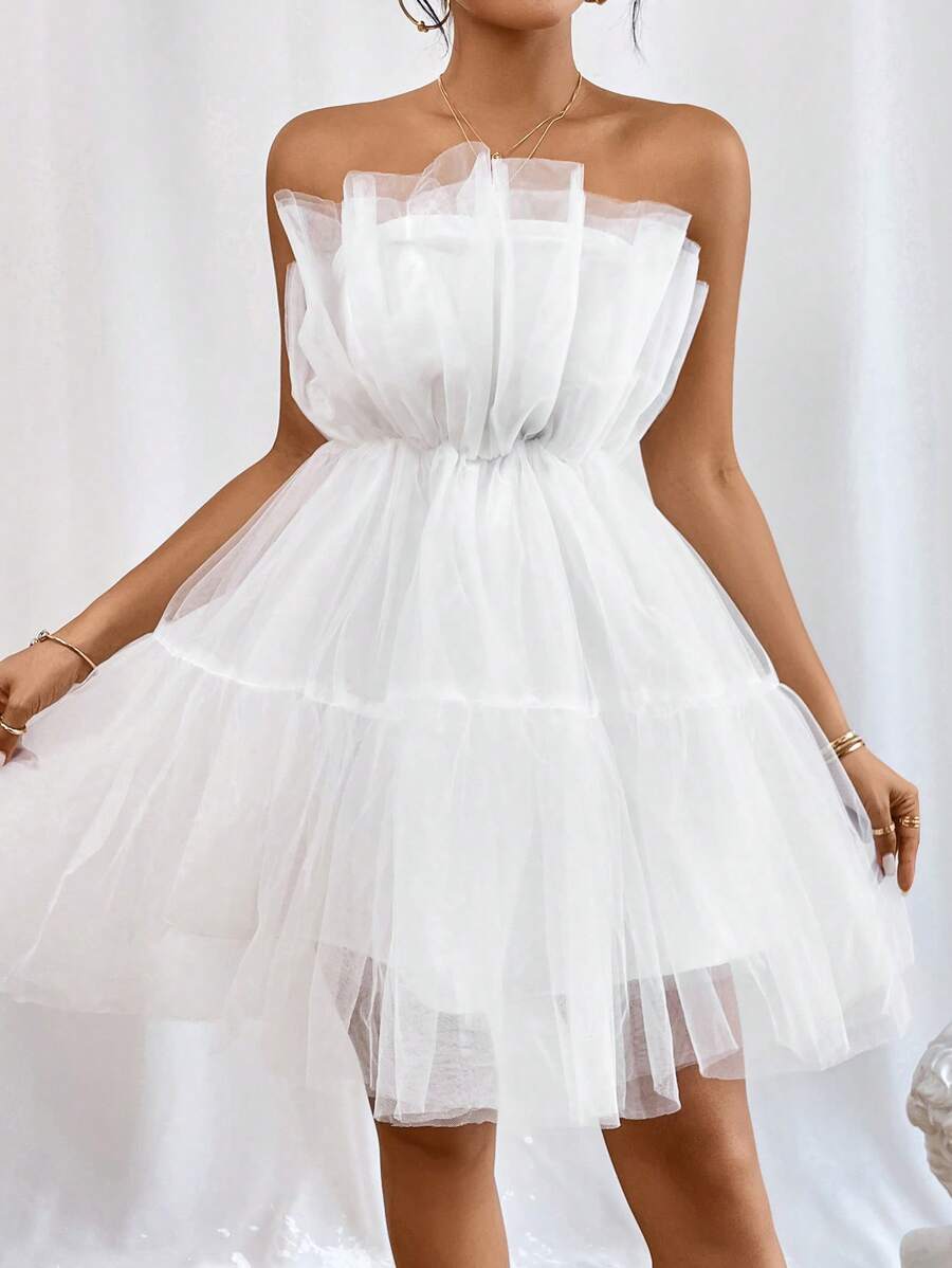 SHEIN Privé 荷葉邊網紗抹胸洋裝 - 白色 - 查看 1