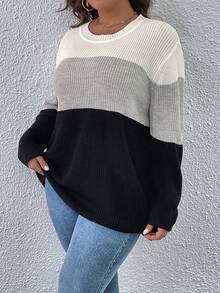 SHEIN LUNE Talla grande Jersey de color combinado de hombros caídos - Multicolor - Ver 4