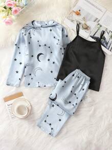 3pcs/Set Tween Girl Comfortable Soft Star Printed Satin Glossy Collar Long Sleeve Top, Long Pants, And Strap Pajamas