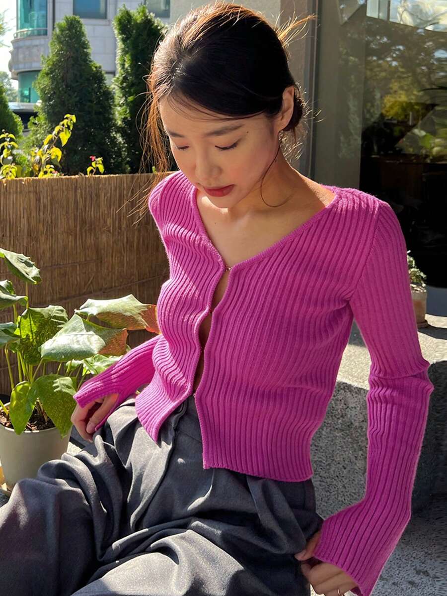 DAZY Đồ đan Ribbed Áo len Mở - Màu Hồng Tươi - Xem 1