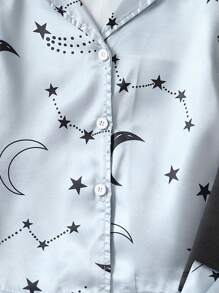 3pcs/Set Tween Girl Comfortable Soft Star Printed Satin Glossy Collar Long Sleeve Top, Long Pants, And Strap Pajamas