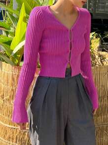 DAZY Đồ đan Ribbed Áo len Mở - Màu Hồng Tươi - Xem 3