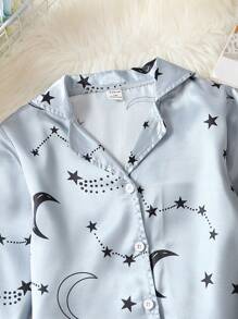 3pcs/Set Tween Girl Comfortable Soft Star Printed Satin Glossy Collar Long Sleeve Top, Long Pants, And Strap Pajamas