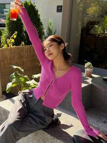 DAZY Đồ đan Ribbed Áo len Mở - Màu Hồng Tươi - Xem 4