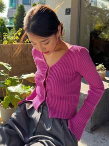 DAZY Đồ đan Ribbed Áo len Mở - Màu Hồng Tươi - Xem 5