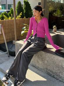 DAZY Đồ đan Ribbed Áo len Mở - Màu Hồng Tươi - Xem 6