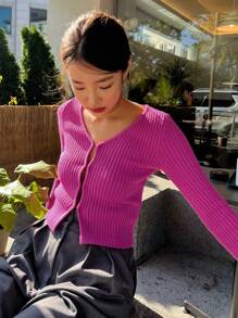 DAZY Đồ đan Ribbed Áo len Mở - Màu Hồng Tươi - Xem 7