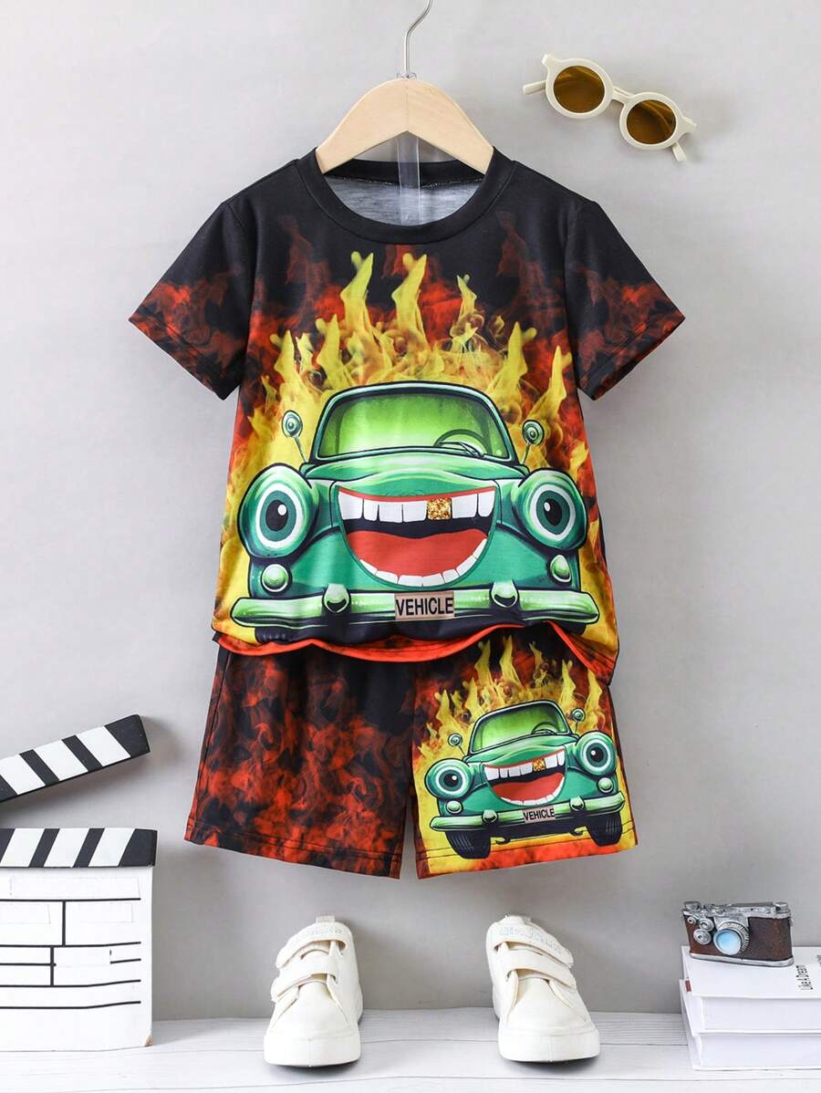 SHEIN Young Boy Fire & Car Print Tee & Shorts