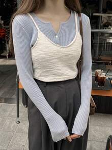 DAZY Solid Button Front Ribbed Knit Cardigan - Blue - View 9