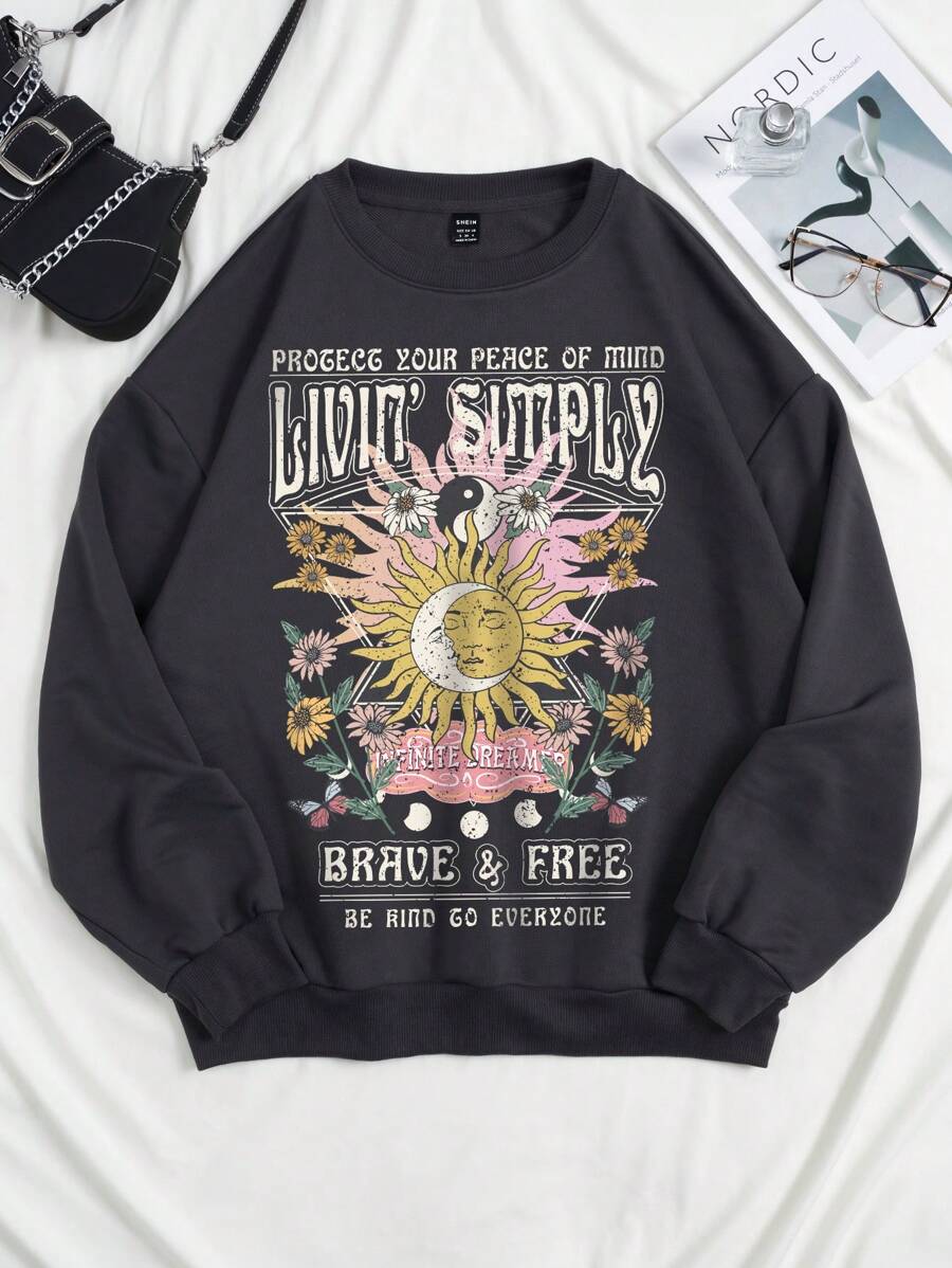 SHEIN EZwear Casual Vintage Sun & Moon Face Print Oversized Crew Neck Long Sleeve Women Sweatshirt, Suitable For Fall And Winter,Long Sleeve Tops - Dark Grey - View 1