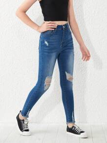 Quần Jeans Tween Girl Rách Hem - Rửa trung bình - Xem 5