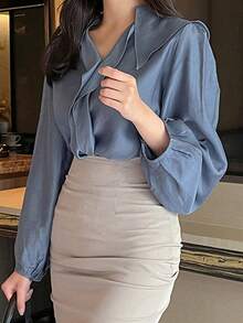 DAZY Chất rắn Cổ áo rộng Viền Ruffle Áo sơ mi - Màu xanh lam - Xem 3