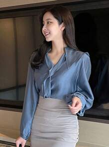 DAZY Chất rắn Cổ áo rộng Viền Ruffle Áo sơ mi - Màu xanh lam - Xem 6