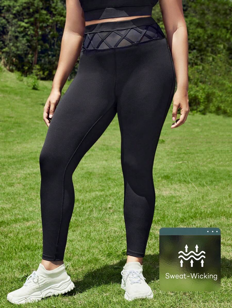 Easithlete 大碼四種幾何印花寬腰帶運動打底褲 - 黑色 - 查看 1