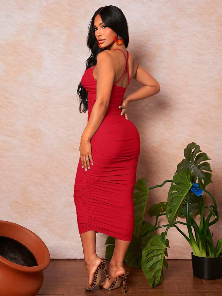 shein solid ruched bodycon dress SHEIN BAE Solid Ruched Bodycon Dress