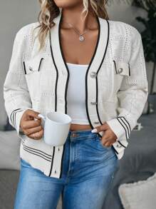 Celure Plus Striped Trim Flap Pocket Pointelle Knit Cardigan - White - View 4