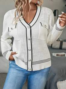 Celure Plus Striped Trim Flap Pocket Pointelle Knit Cardigan - White - View 5