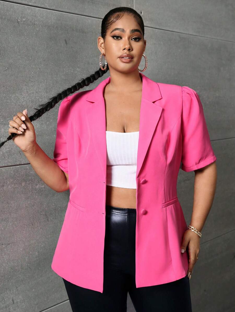 SHEIN SXY Talla grande Blazer de cuello con solapa de manga farol - Rosa Fucsia - Ver 1