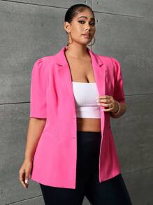 SHEIN SXY Talla grande Blazer de cuello con solapa de manga farol - Rosa Fucsia - Ver 4