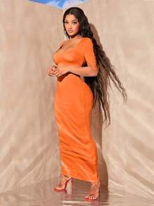 SHEIN SXY Square Neck Ruched Side Bodycon Dress - Orange - View 4