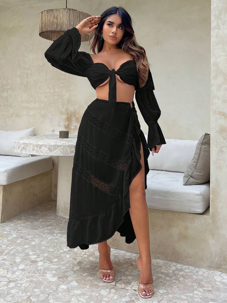 SHEIN SXY 素色荷葉邊環鏈半身裙 - 黑色 - 查看 3