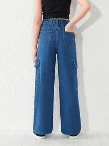 Tween Girl Flap Pocket Side Cargo Jeans - Dark Wash - View 2